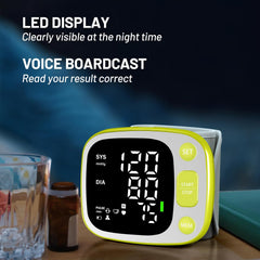 Blood Pressure Monitors for Home Use Rechargeable Wrist Digital BP Machine Cuff with LED Backlit Display, Voice Broadcast, 240 Memory Storage for 2 Users with Carrying Case, Green