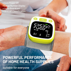 Blood Pressure Monitors for Home Use Rechargeable Wrist Digital BP Machine Cuff with LED Backlit Display, Voice Broadcast, 240 Memory Storage for 2 Users with Carrying Case, Green