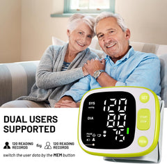 Blood Pressure Monitors for Home Use Rechargeable Wrist Digital BP Machine Cuff with LED Backlit Display, Voice Broadcast, 240 Memory Storage for 2 Users with Carrying Case, Green
