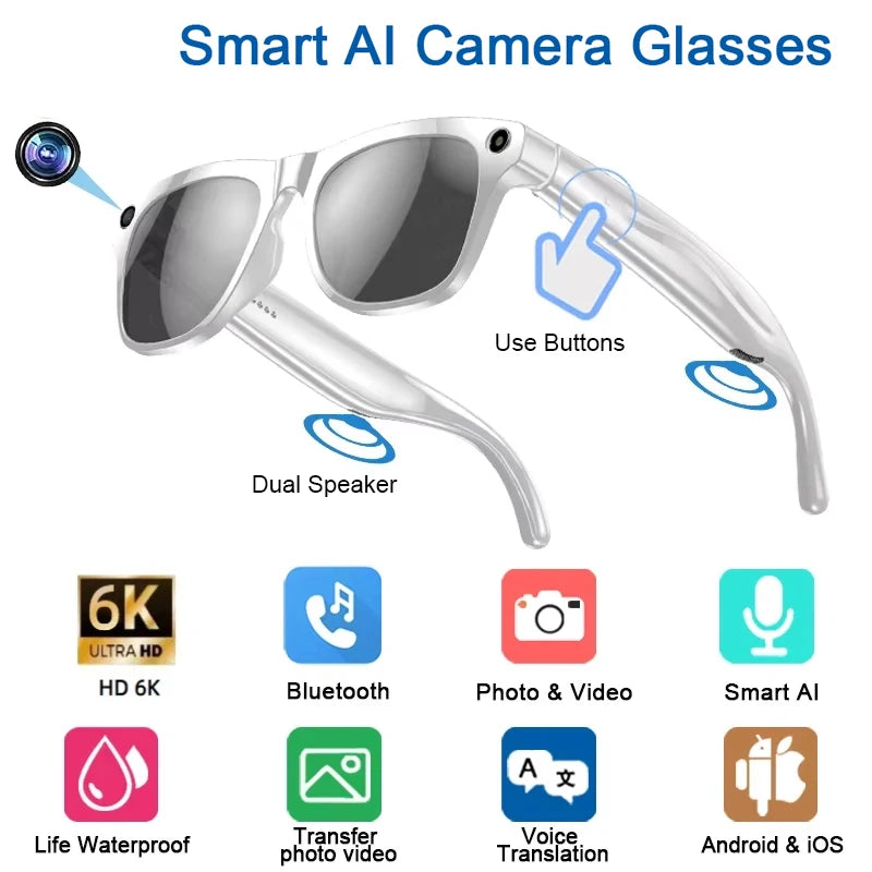 6K HD AI Smart Glasses Multifunctional Camera Chatgpt Bluetooth Call Voice Assistant Music Player AI Translation Glasses